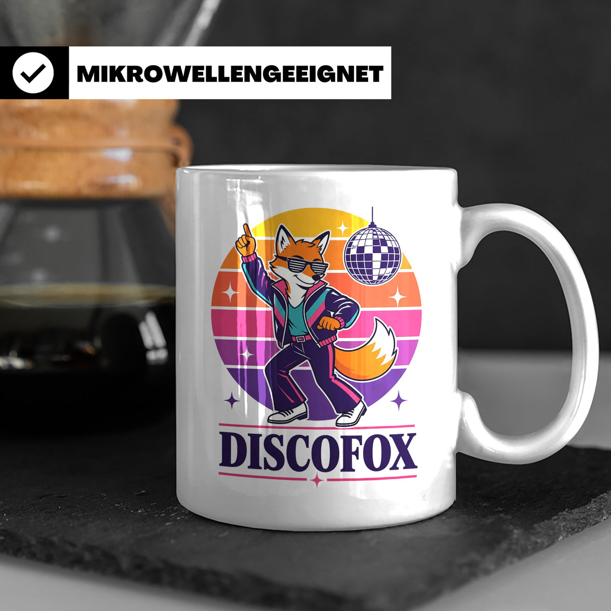Discofox Tasse Tanzender Fuchs unter der Discokugel - Retro  – Weiß [farbe:weiß]