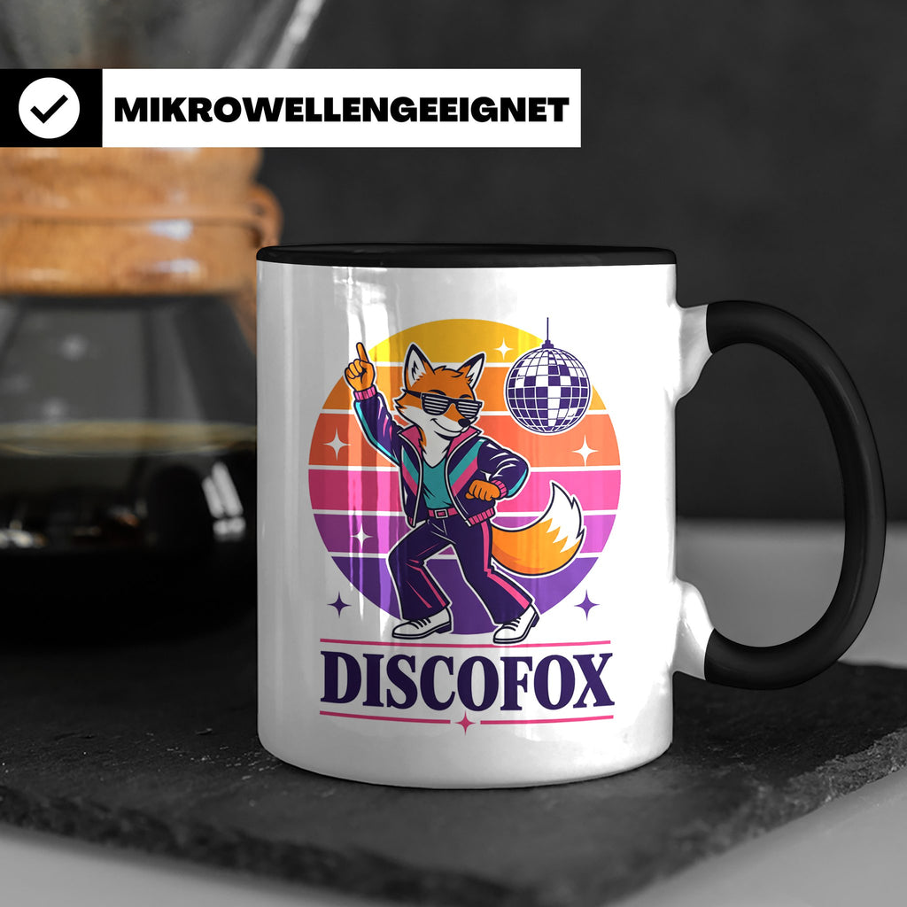 Discofox Tasse Tanzender Fuchs unter der Discokugel - Retro  – Schwarz [farbe:schwarz]