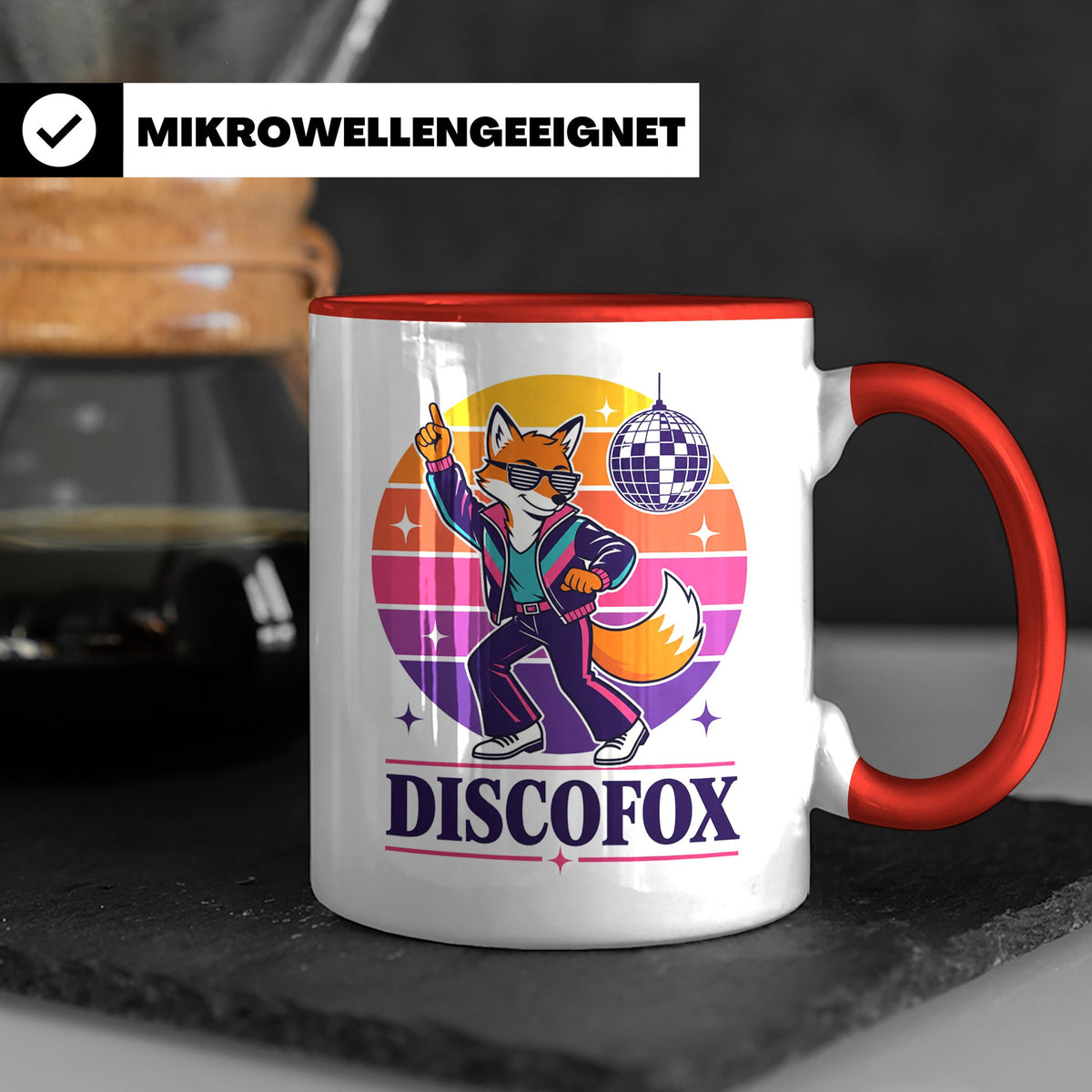 Discofox Tasse Tanzender Fuchs unter der Discokugel - Retro  – Rot [farbe:rot]