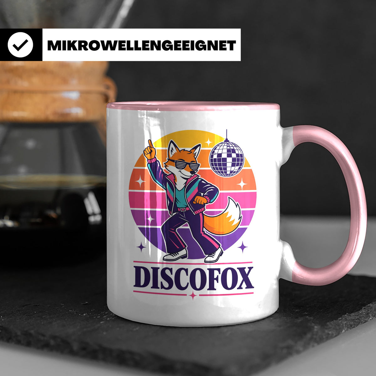 Discofox Tasse Tanzender Fuchs unter der Discokugel - Retro  – Rosa [farbe:rosa]
