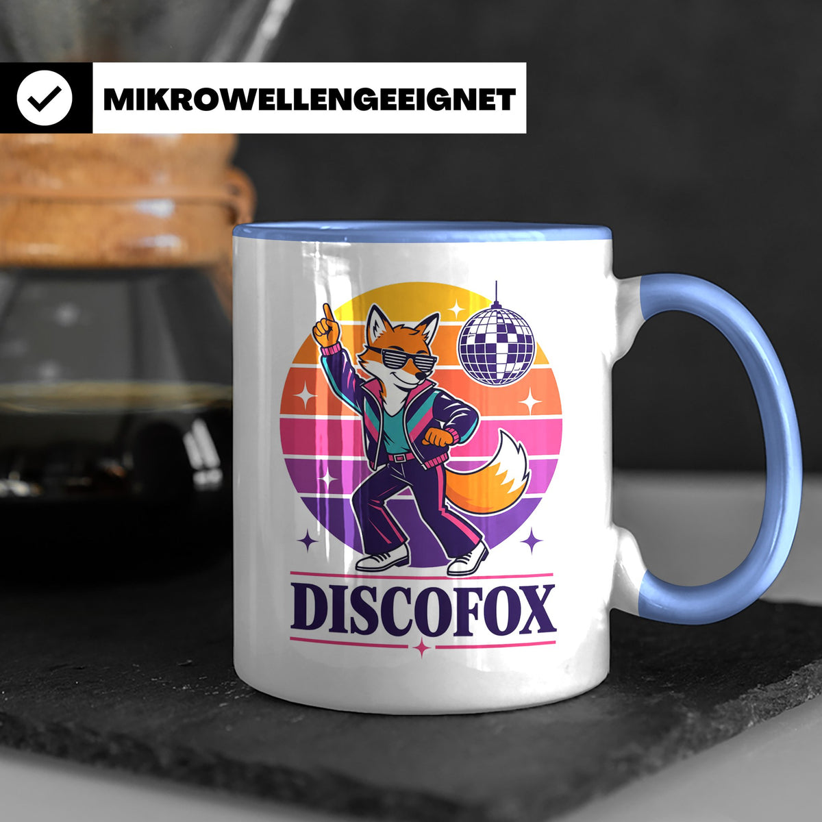 Discofox Tasse Tanzender Fuchs unter der Discokugel - Retro  – Blau [farbe:blau]