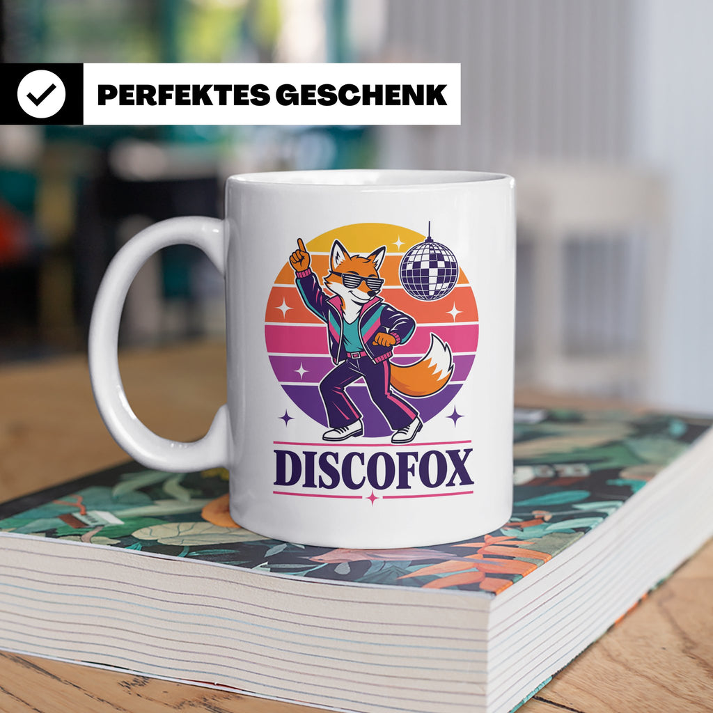 Discofox Tasse Tanzender Fuchs unter der Discokugel - Retro  – Weiß [farbe:weiß]