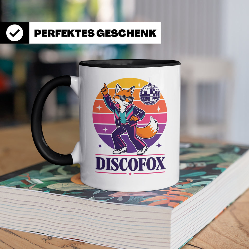 Discofox Tasse Tanzender Fuchs unter der Discokugel - Retro  – Schwarz [farbe:schwarz]