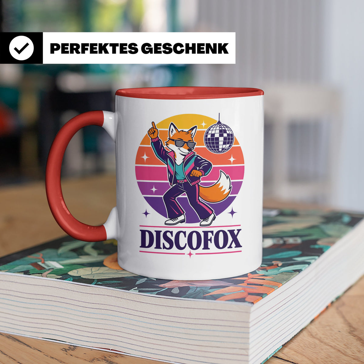 Discofox Tasse Tanzender Fuchs unter der Discokugel - Retro  – Rot [farbe:rot]