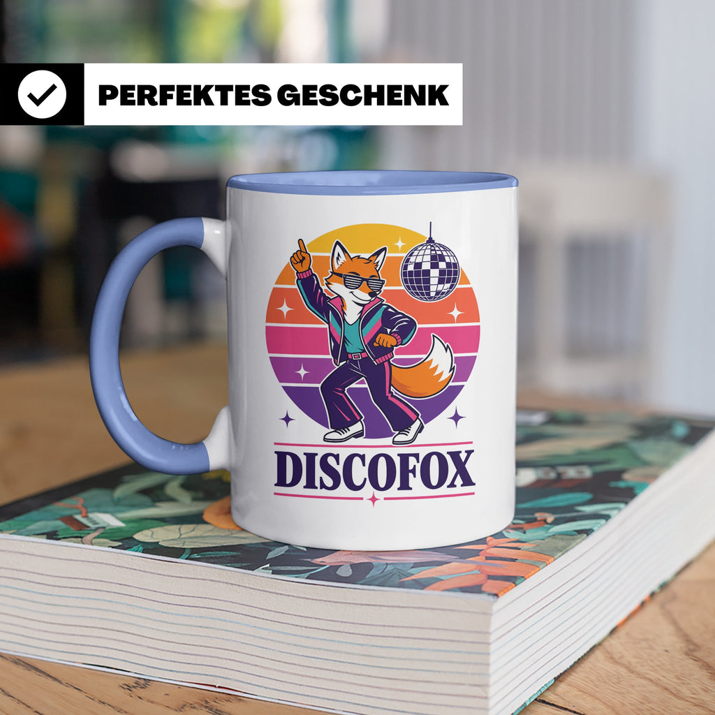 Discofox Tasse Tanzender Fuchs unter der Discokugel - Retro  – Blau [farbe:blau]