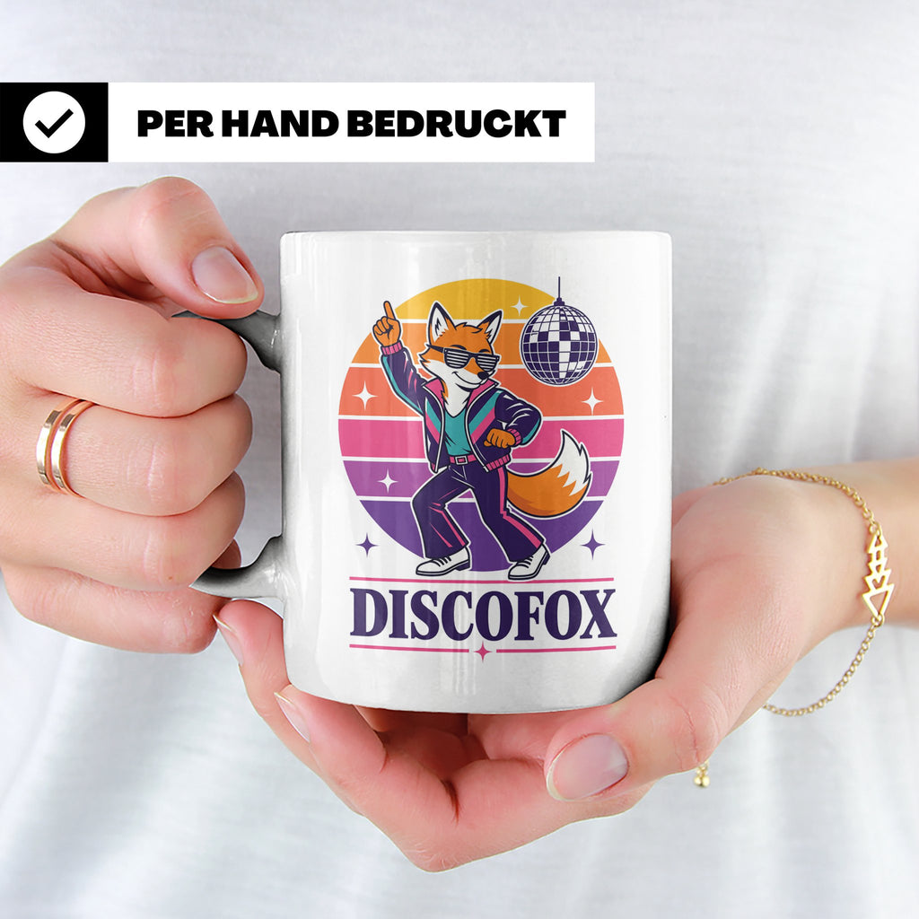 Discofox Tasse Tanzender Fuchs unter der Discokugel - Retro  – Weiß [farbe:weiß]