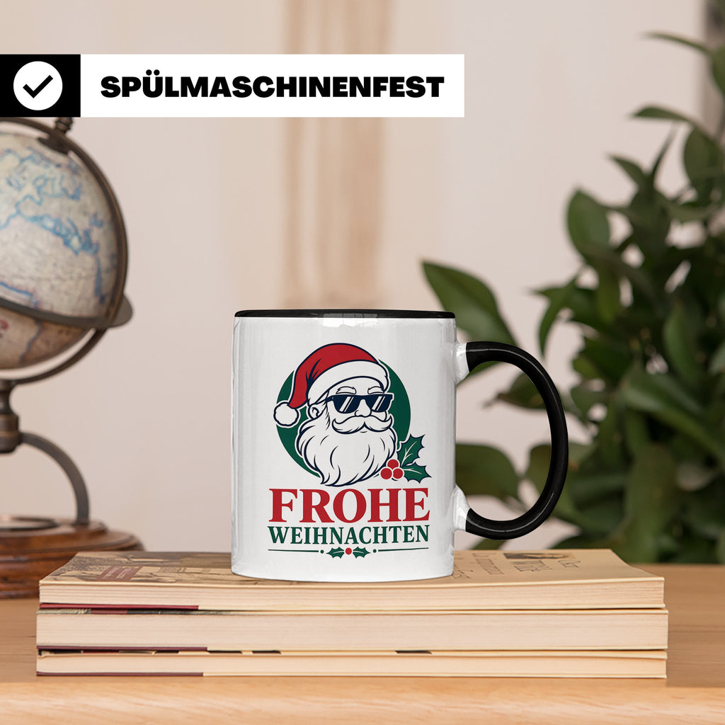 Weihnachtsmann Tasse Frohe Weihnachten Cooler Santa mit Sonn – Schwarz [farbe:schwarz]