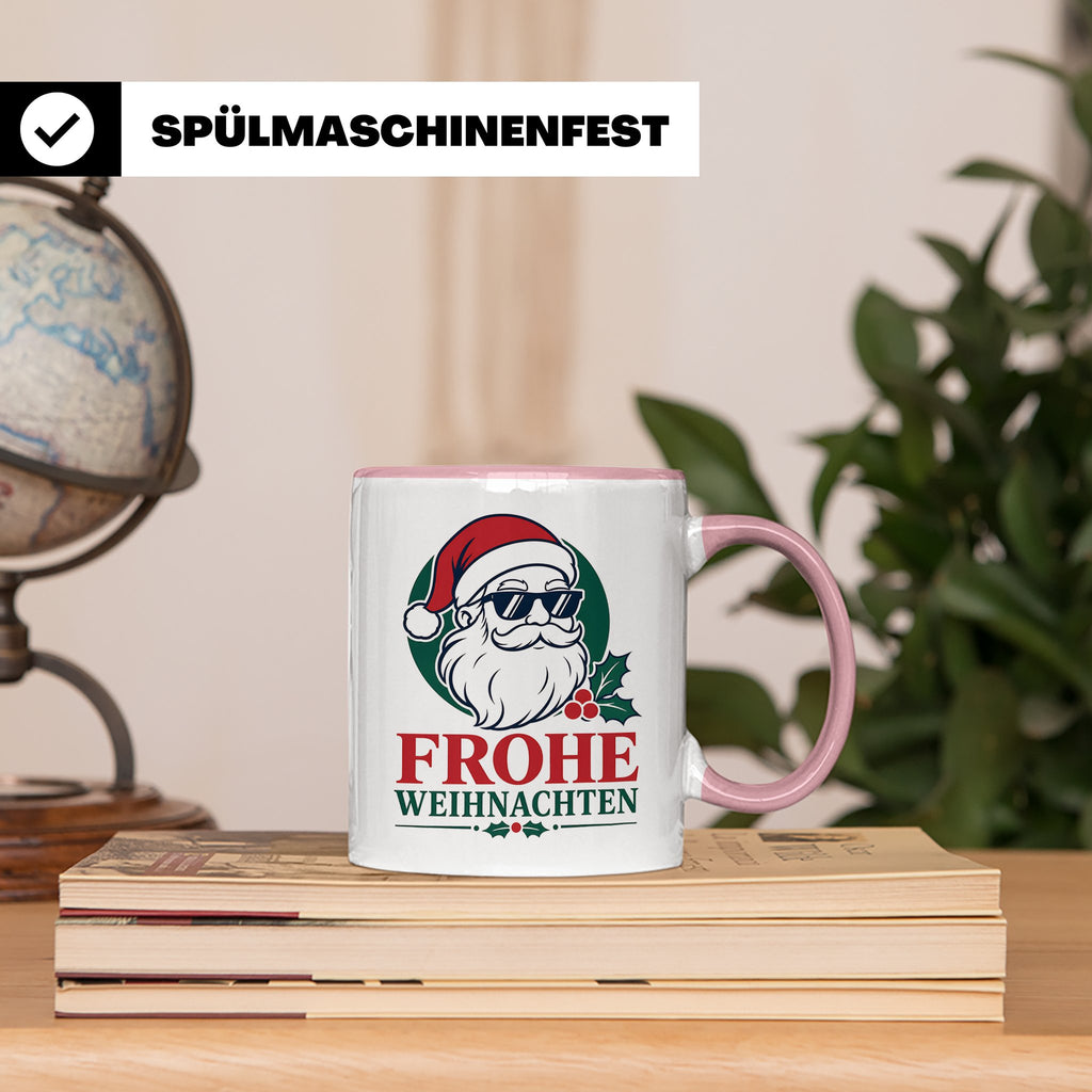 Weihnachtsmann Tasse Frohe Weihnachten Cooler Santa mit Sonn – Rosa [farbe:rosa]