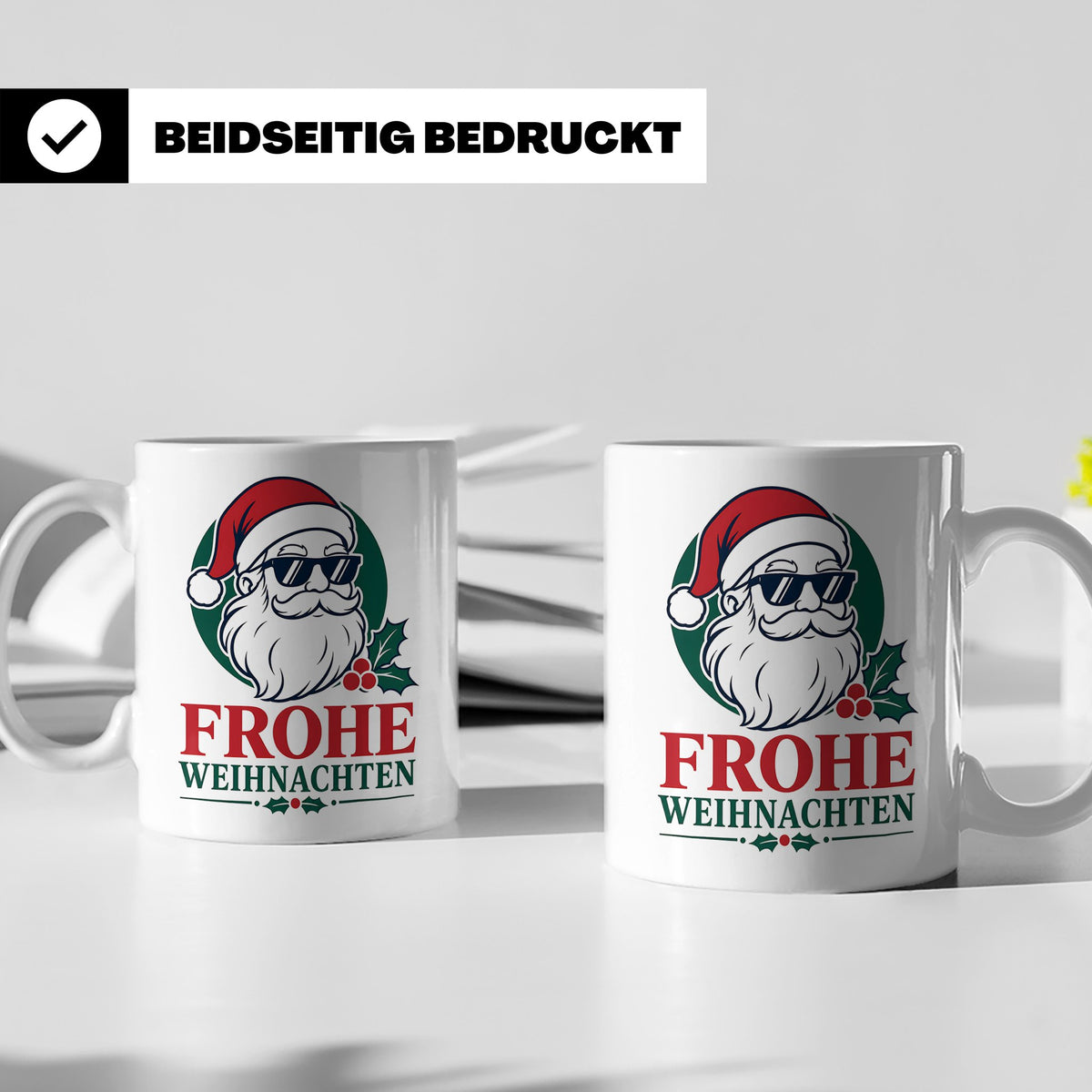 Weihnachtsmann Tasse Frohe Weihnachten Cooler Santa mit Sonn – Weiß [farbe:weiß]