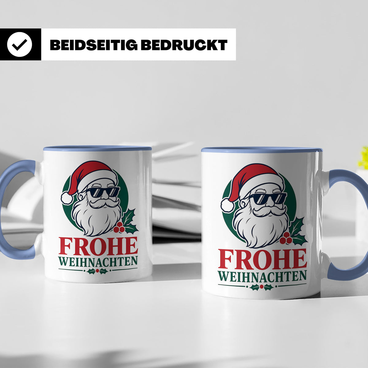 Weihnachtsmann Tasse Frohe Weihnachten Cooler Santa mit Sonn – Blau [farbe:blau]