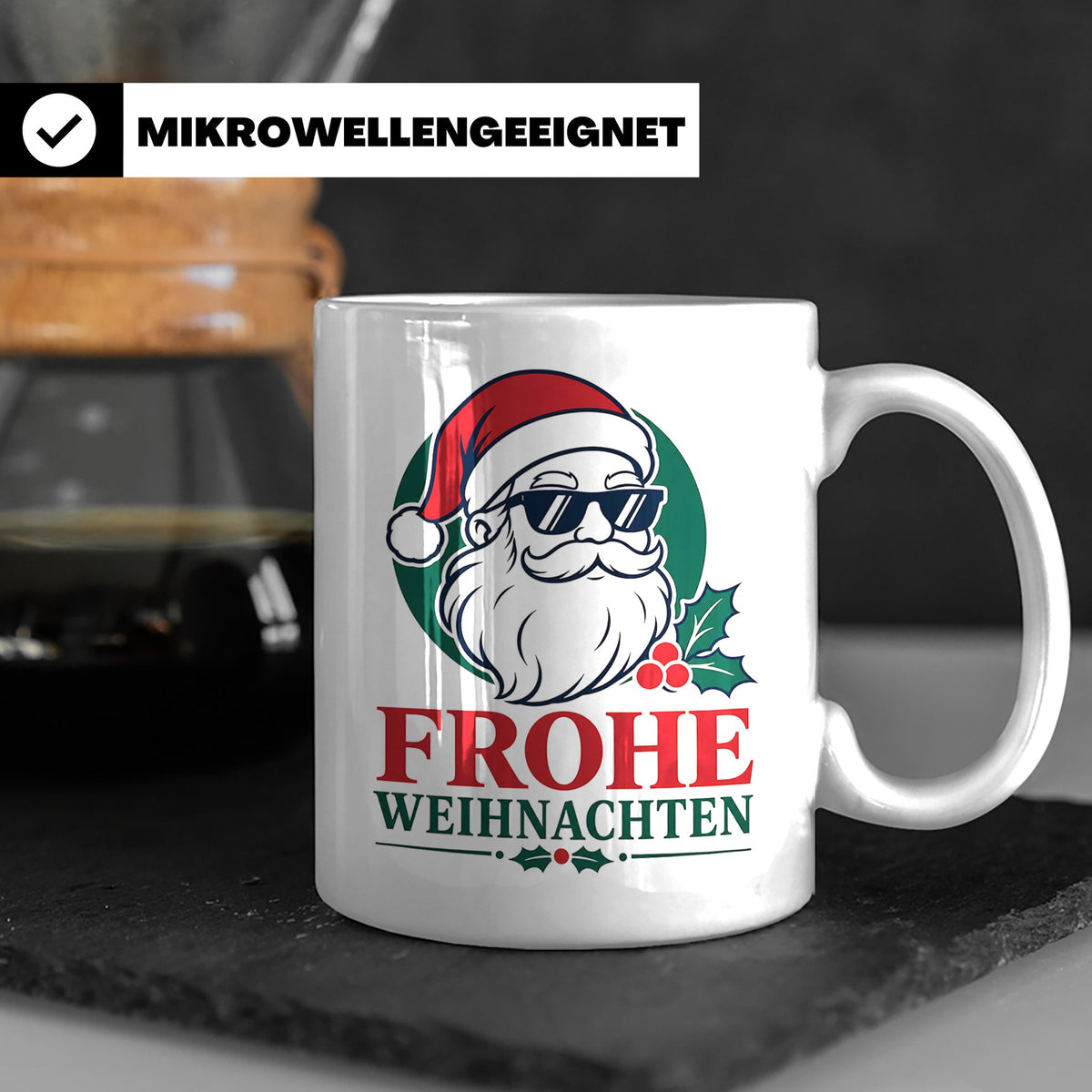 Weihnachtsmann Tasse Frohe Weihnachten Cooler Santa mit Sonn – Weiß [farbe:weiß]