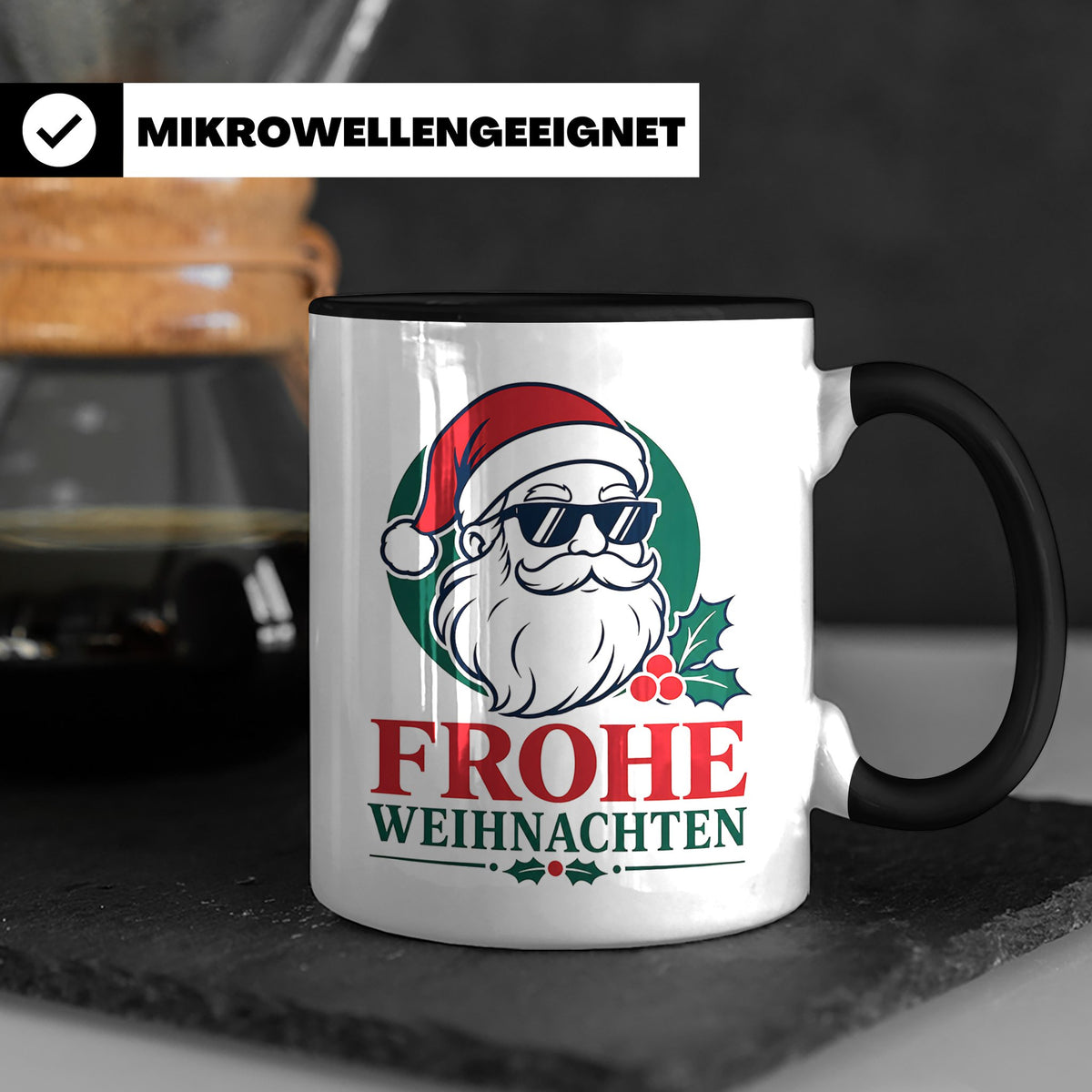 Weihnachtsmann Tasse Frohe Weihnachten Cooler Santa mit Sonn – Schwarz [farbe:schwarz]