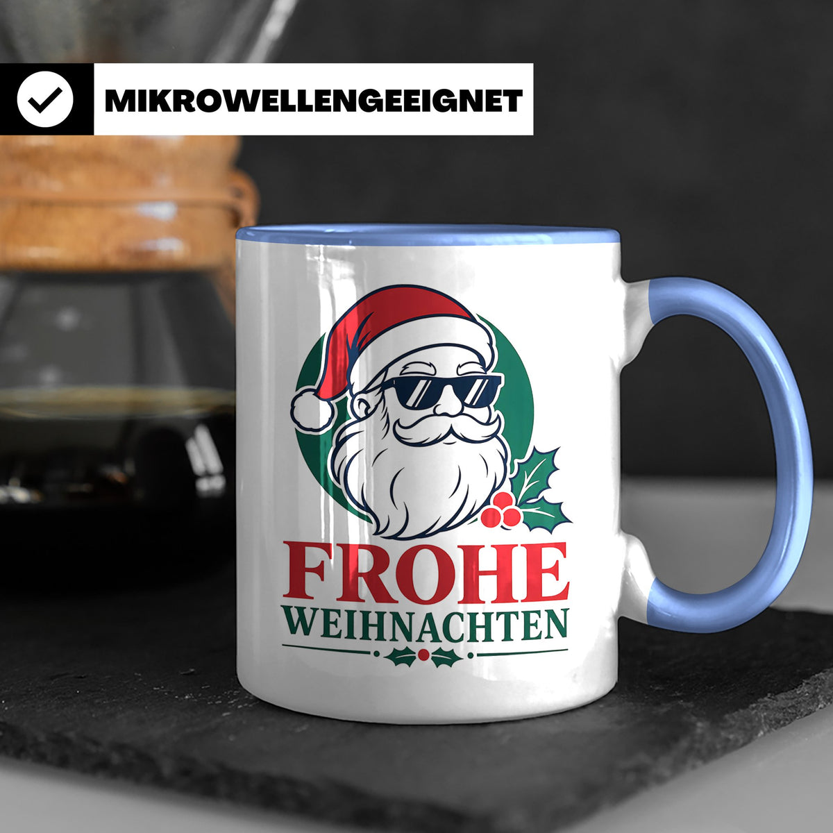 Weihnachtsmann Tasse Frohe Weihnachten Cooler Santa mit Sonn – Blau [farbe:blau]