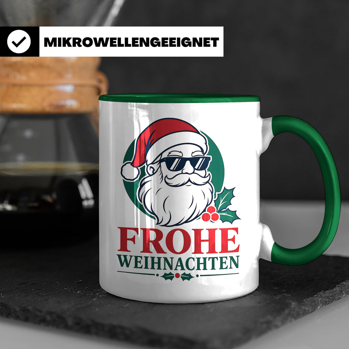 Weihnachtsmann Tasse Frohe Weihnachten Cooler Santa mit Sonn – Grün [farbe:grün]