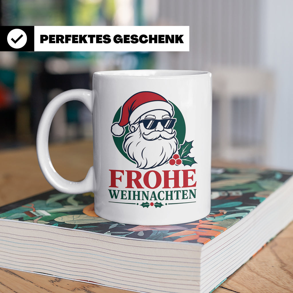 Weihnachtsmann Tasse Frohe Weihnachten Cooler Santa mit Sonn – Weiß [farbe:weiß]