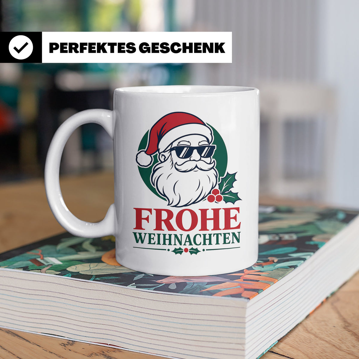 Weihnachtsmann Tasse Frohe Weihnachten Cooler Santa mit Sonn – Weiß [farbe:weiß]