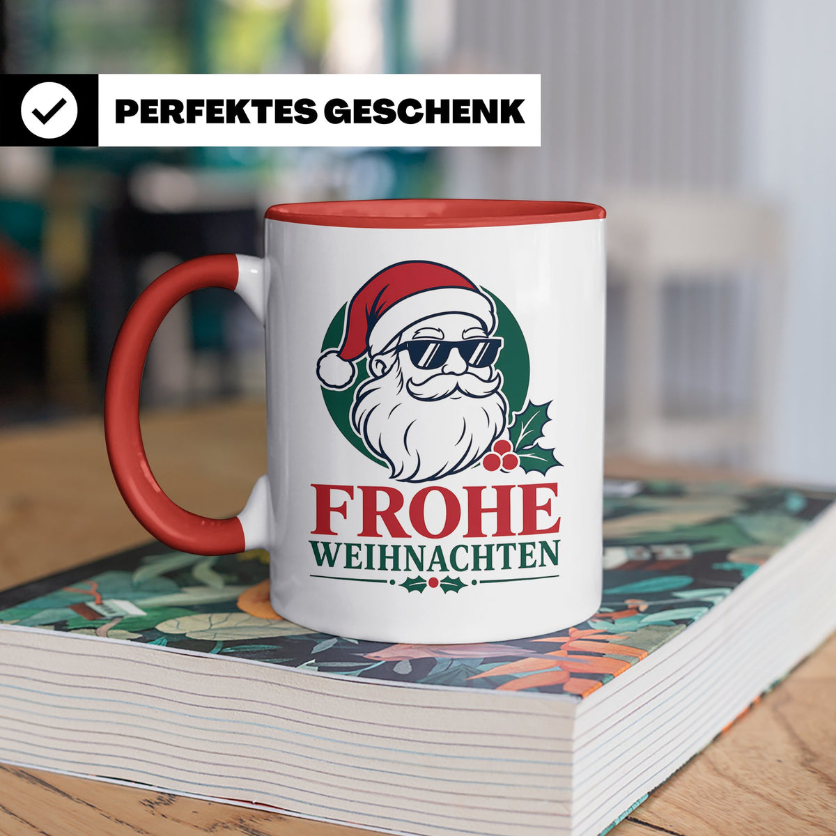 Weihnachtsmann Tasse Frohe Weihnachten Cooler Santa mit Sonn – Rot [farbe:rot]