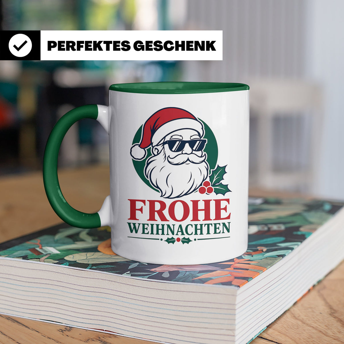 Weihnachtsmann Tasse Frohe Weihnachten Cooler Santa mit Sonn – Grün [farbe:grün]