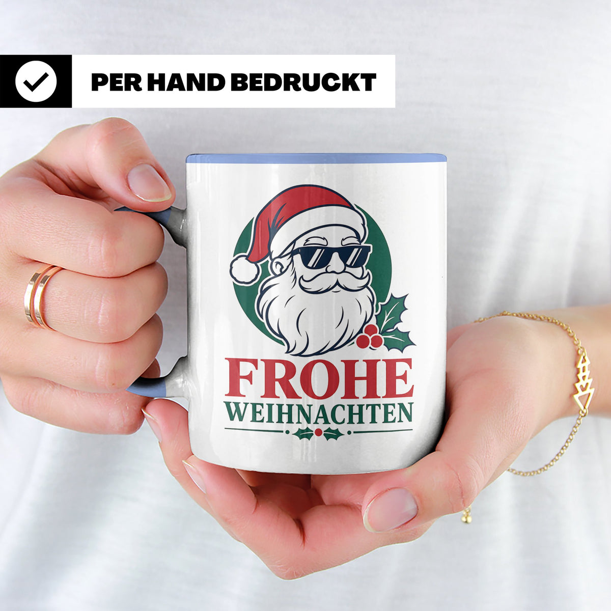 Weihnachtsmann Tasse Frohe Weihnachten Cooler Santa mit Sonn – Blau [farbe:blau]