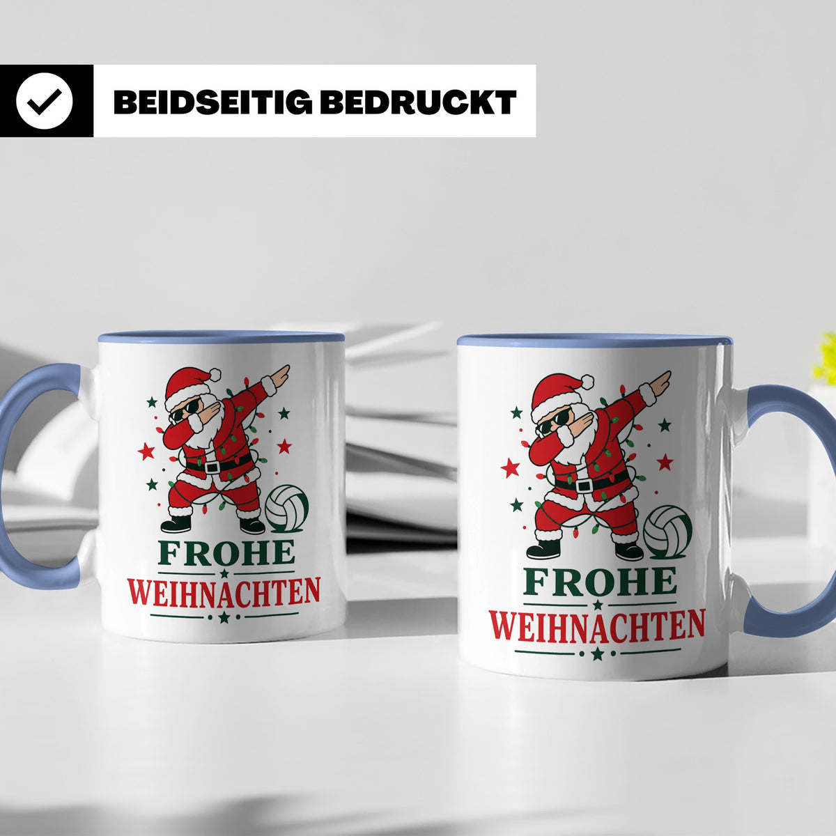 Volleyball Weihnachten Tasse Frohe Weihnachten tanzender Wei – Blau [farbe:blau]