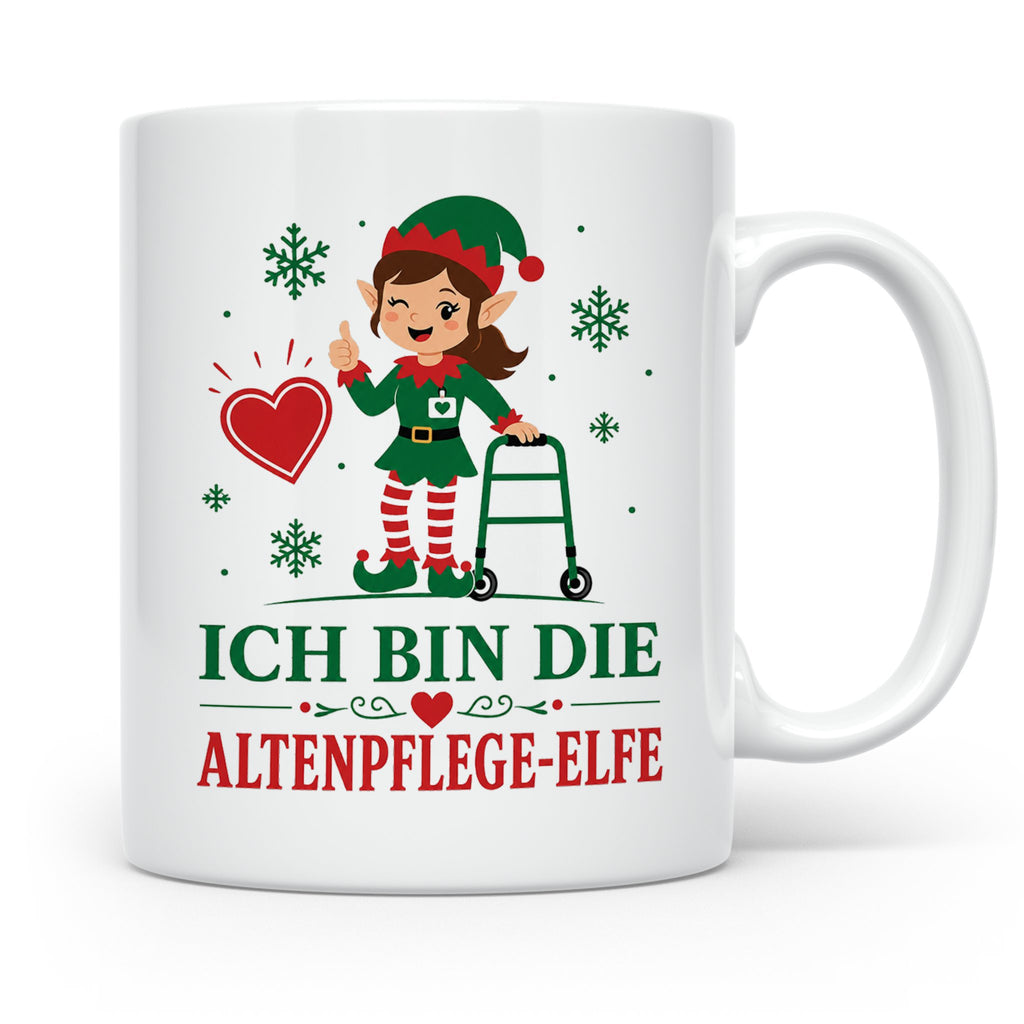 Altenpflege Weihnachten Tasse Ich bin die Altenpflege-Elfe - – Weiß [farbe:weiß]