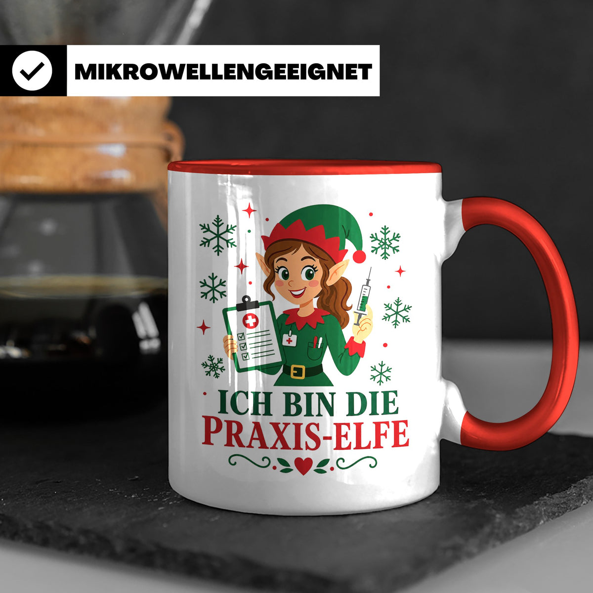 MFA Arzthelferin Weihnachten Tasse Ich bin die Praxis-Elfe - – Rot [farbe:rot]
