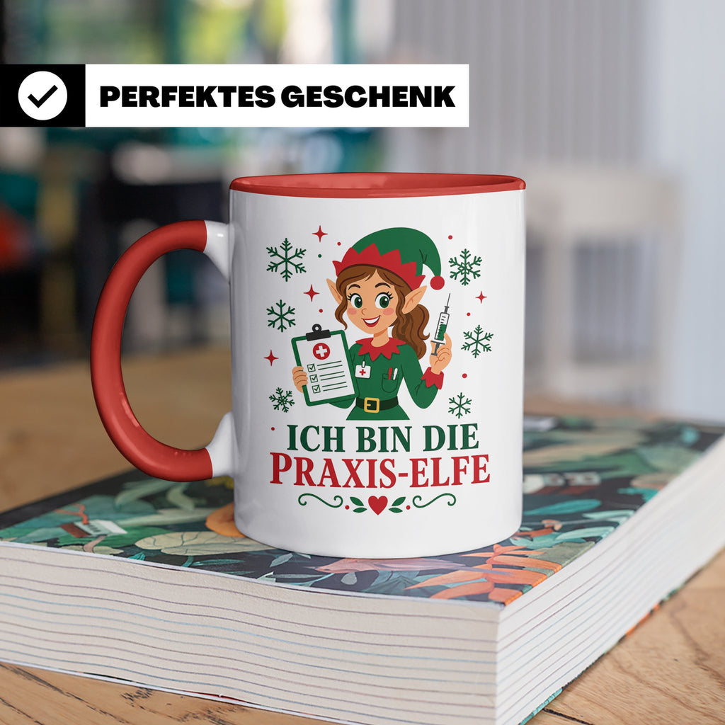 MFA Arzthelferin Weihnachten Tasse Ich bin die Praxis-Elfe - – Rot [farbe:rot]