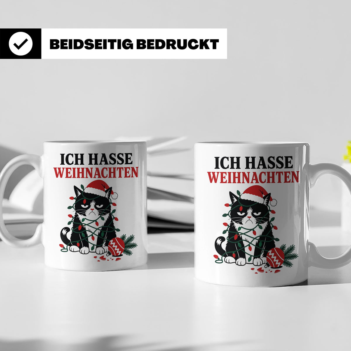 Katzen Tasse Ich hasse Weihnachten grummelige Katze Lichterk – Weiß [farbe:weiß]