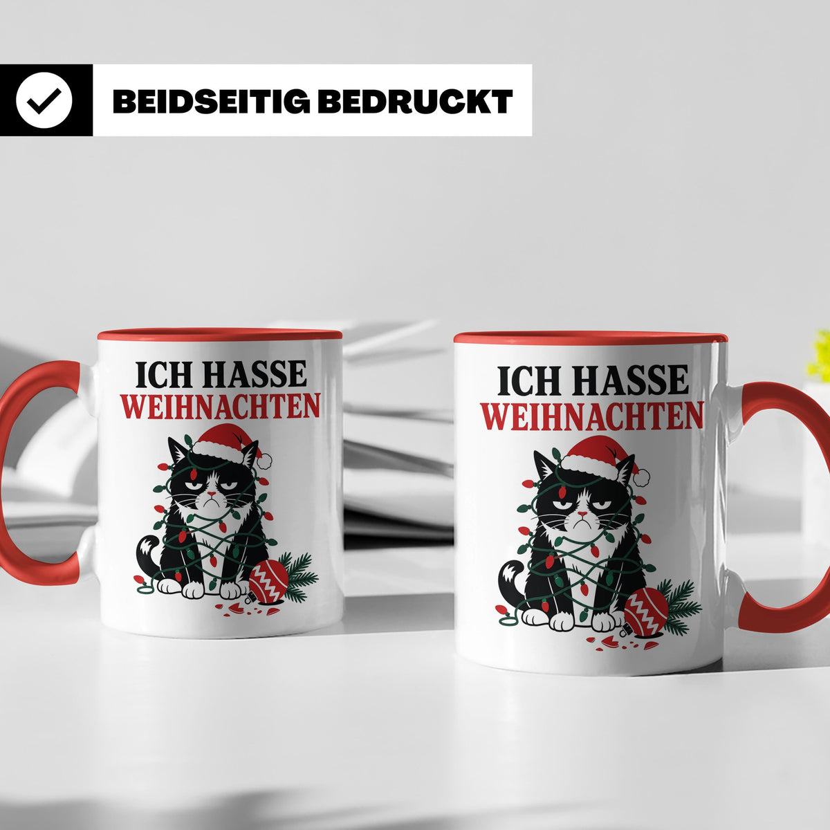 Katzen Tasse Ich hasse Weihnachten grummelige Katze Lichterk – Rot [farbe:rot]