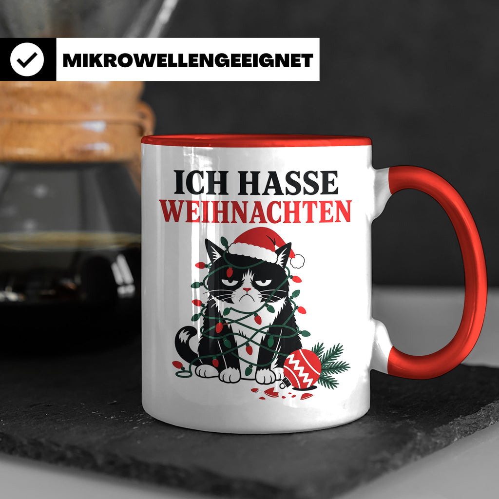 Katzen Tasse Ich hasse Weihnachten grummelige Katze Lichterk – Rot [farbe:rot]