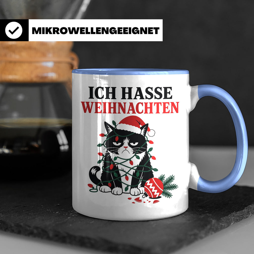 Katzen Tasse Ich hasse Weihnachten grummelige Katze Lichterk – Blau [farbe:blau]