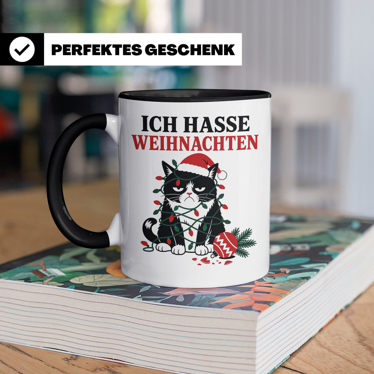 Katzen Tasse Ich hasse Weihnachten grummelige Katze Lichterk – Schwarz [farbe:schwarz]