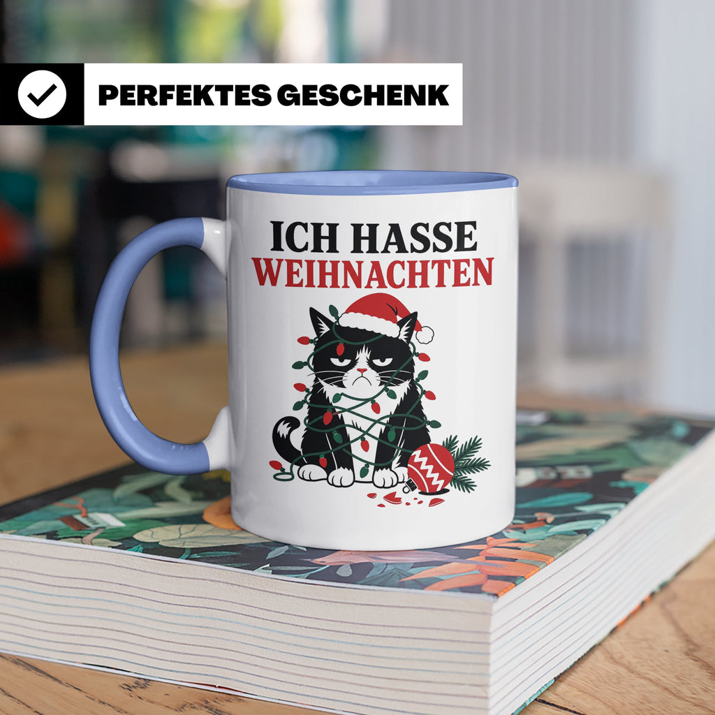 Katzen Tasse Ich hasse Weihnachten grummelige Katze Lichterk – Blau [farbe:blau]