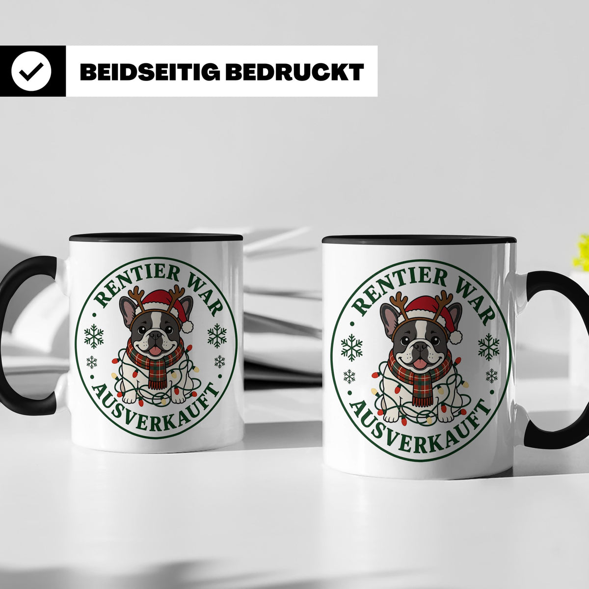 Französische Bulldogge Weihnachten Tasse Rentier war ausverk – Schwarz [farbe:schwarz]