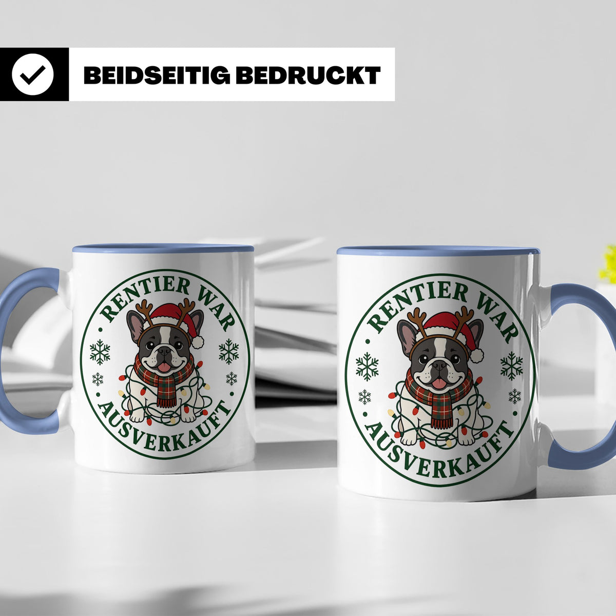 Französische Bulldogge Weihnachten Tasse Rentier war ausverk – Blau [farbe:blau]