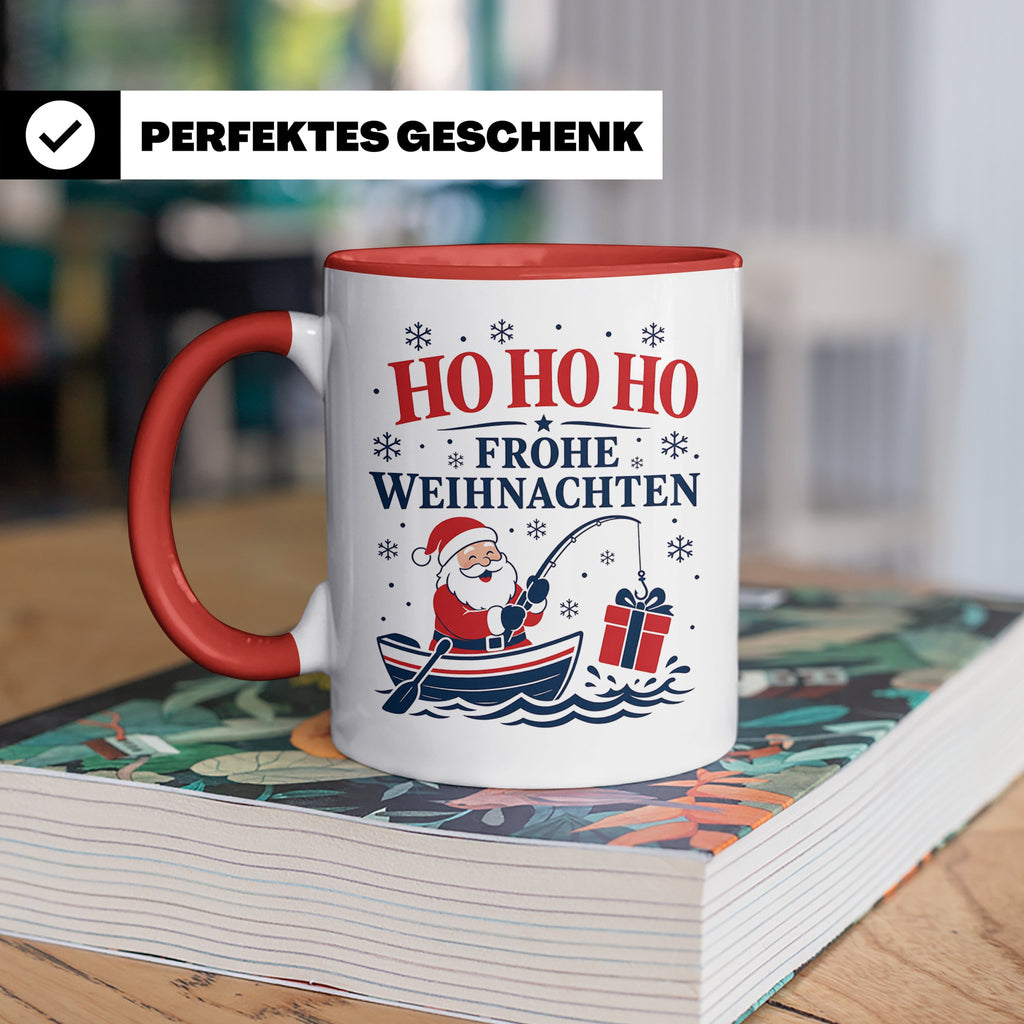 Angeln Weihnachten Tasse Weihnachtsmann beim Angeln - Gesche – Rot [farbe:rot]