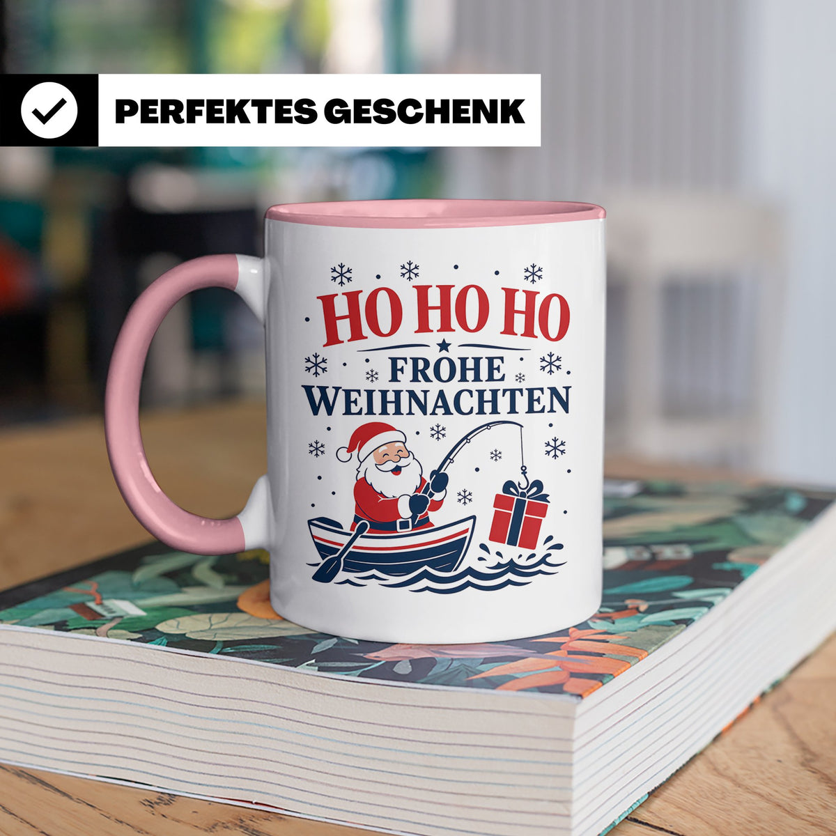 Angeln Weihnachten Tasse Weihnachtsmann beim Angeln - Gesche – Rosa [farbe:rosa]