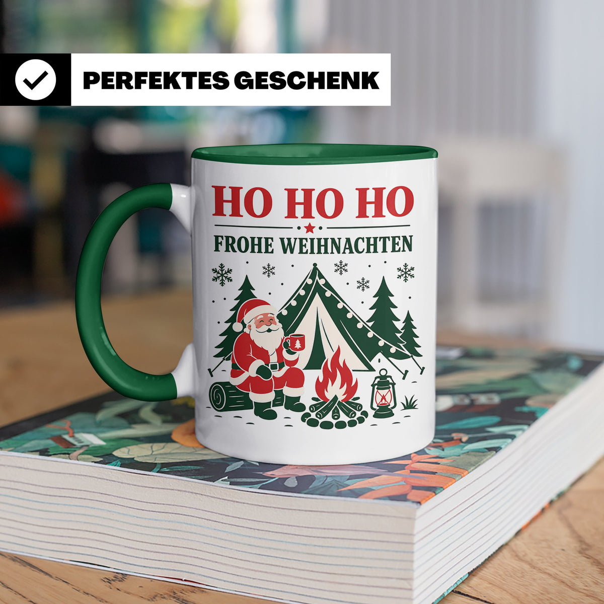 Camping Weihnachten Tasse Weihnachtsmann am Lagerfeuer - Ges – Grün [farbe:grün]