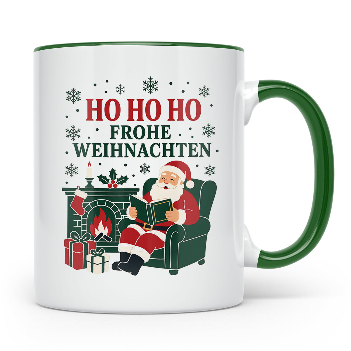 Lesen Weihnachten Tasse Weihnachtsmann mit Buch am Kamin - G – Grün [farbe:grün]