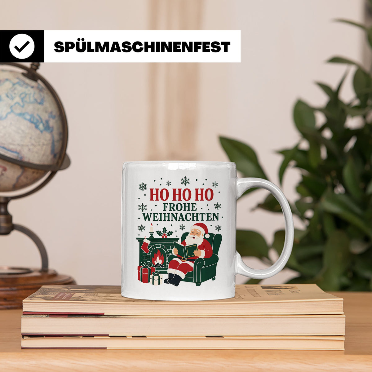 Lesen Weihnachten Tasse Weihnachtsmann mit Buch am Kamin - G – Weiß [farbe:weiß]