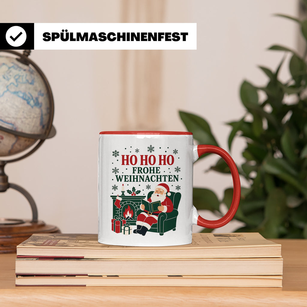 Lesen Weihnachten Tasse Weihnachtsmann mit Buch am Kamin - G – Rot [farbe:rot]