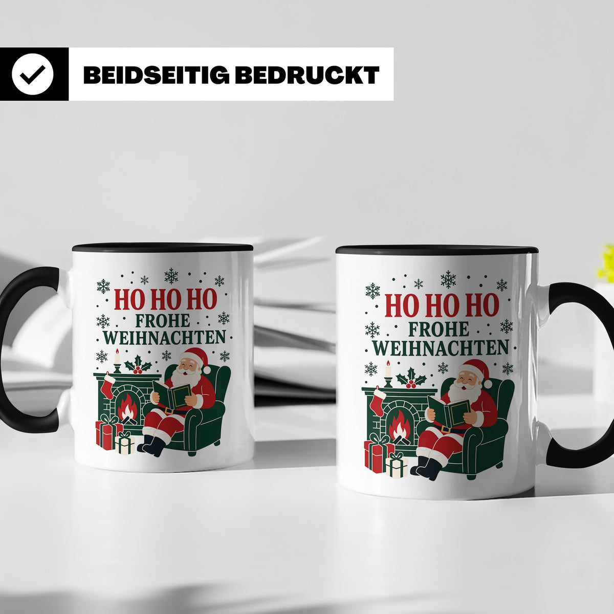 Lesen Weihnachten Tasse Weihnachtsmann mit Buch am Kamin - G – Schwarz [farbe:schwarz]
