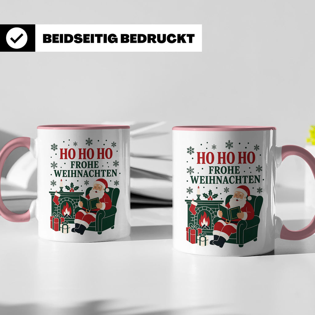 Lesen Weihnachten Tasse Weihnachtsmann mit Buch am Kamin - G – Rosa [farbe:rosa]