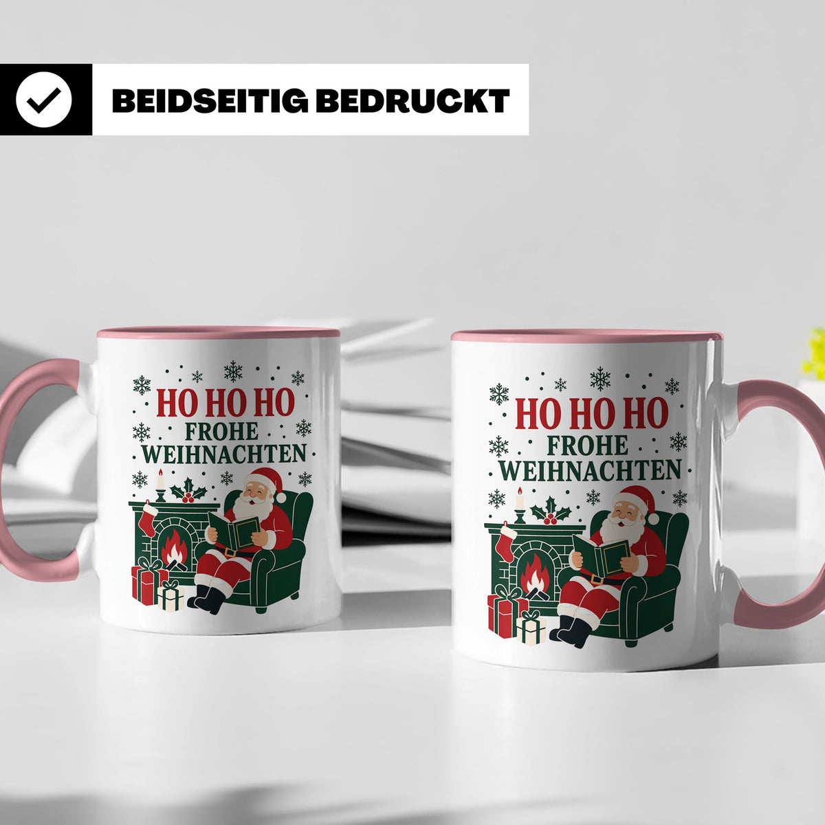 Lesen Weihnachten Tasse Weihnachtsmann mit Buch am Kamin - G – Rosa [farbe:rosa]