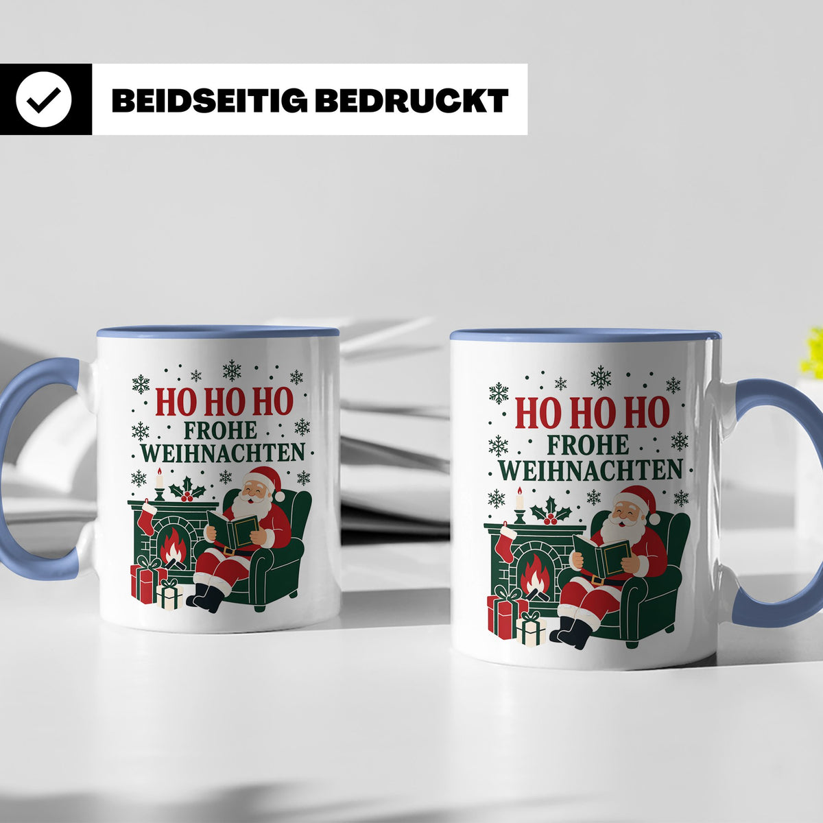 Lesen Weihnachten Tasse Weihnachtsmann mit Buch am Kamin - G – Blau [farbe:blau]