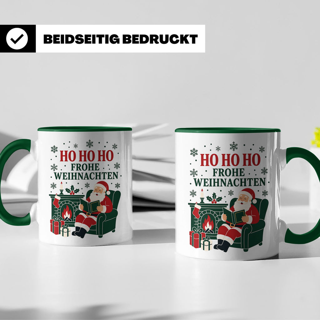 Lesen Weihnachten Tasse Weihnachtsmann mit Buch am Kamin - G – Grün [farbe:grün]