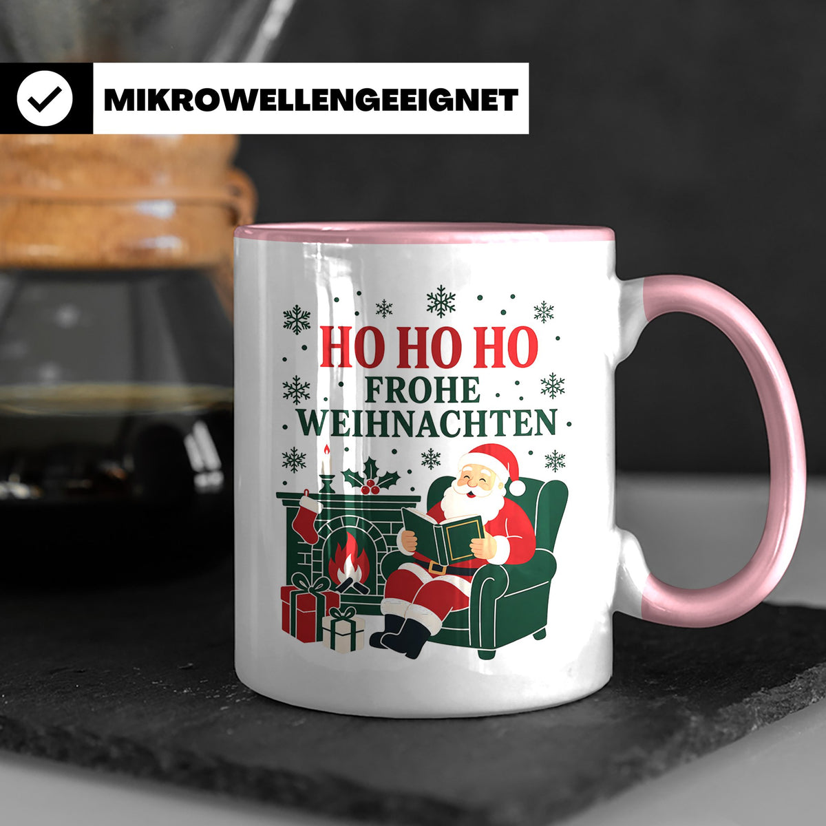 Lesen Weihnachten Tasse Weihnachtsmann mit Buch am Kamin - G – Rosa [farbe:rosa]