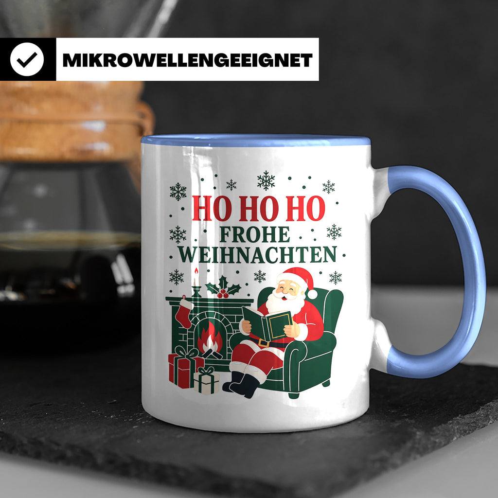 Lesen Weihnachten Tasse Weihnachtsmann mit Buch am Kamin - G – Blau [farbe:blau]