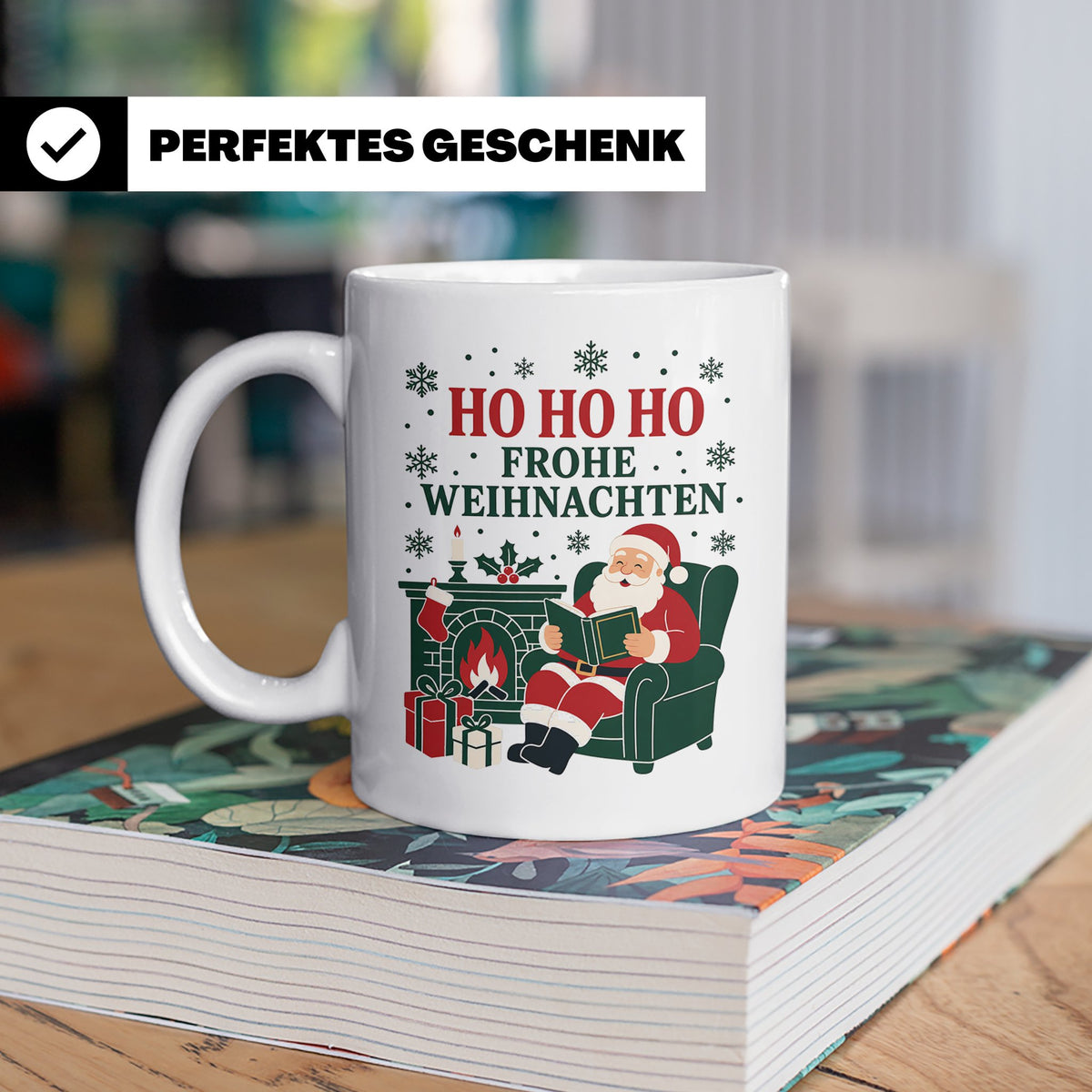 Lesen Weihnachten Tasse Weihnachtsmann mit Buch am Kamin - G – Weiß [farbe:weiß]