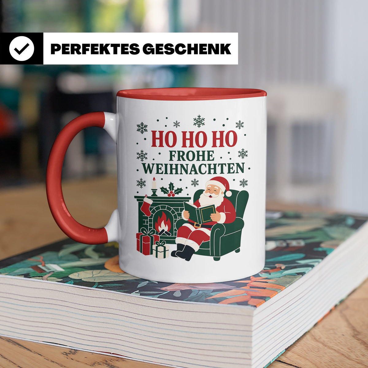 Lesen Weihnachten Tasse Weihnachtsmann mit Buch am Kamin - G – Rot [farbe:rot]